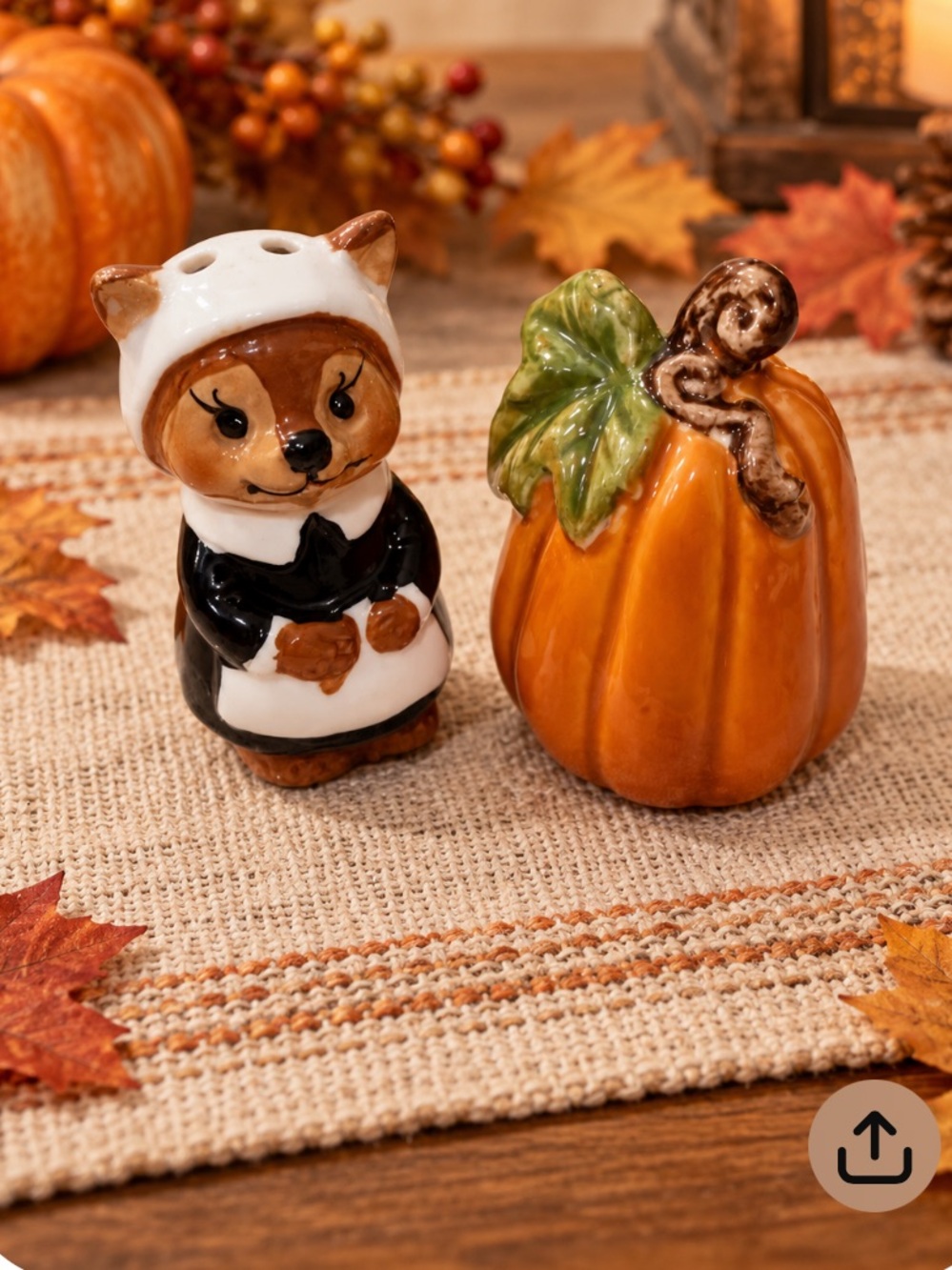Mimi Autumn Fox & Pumpkin Ceramic Salt and Pepper Shakers - Orange